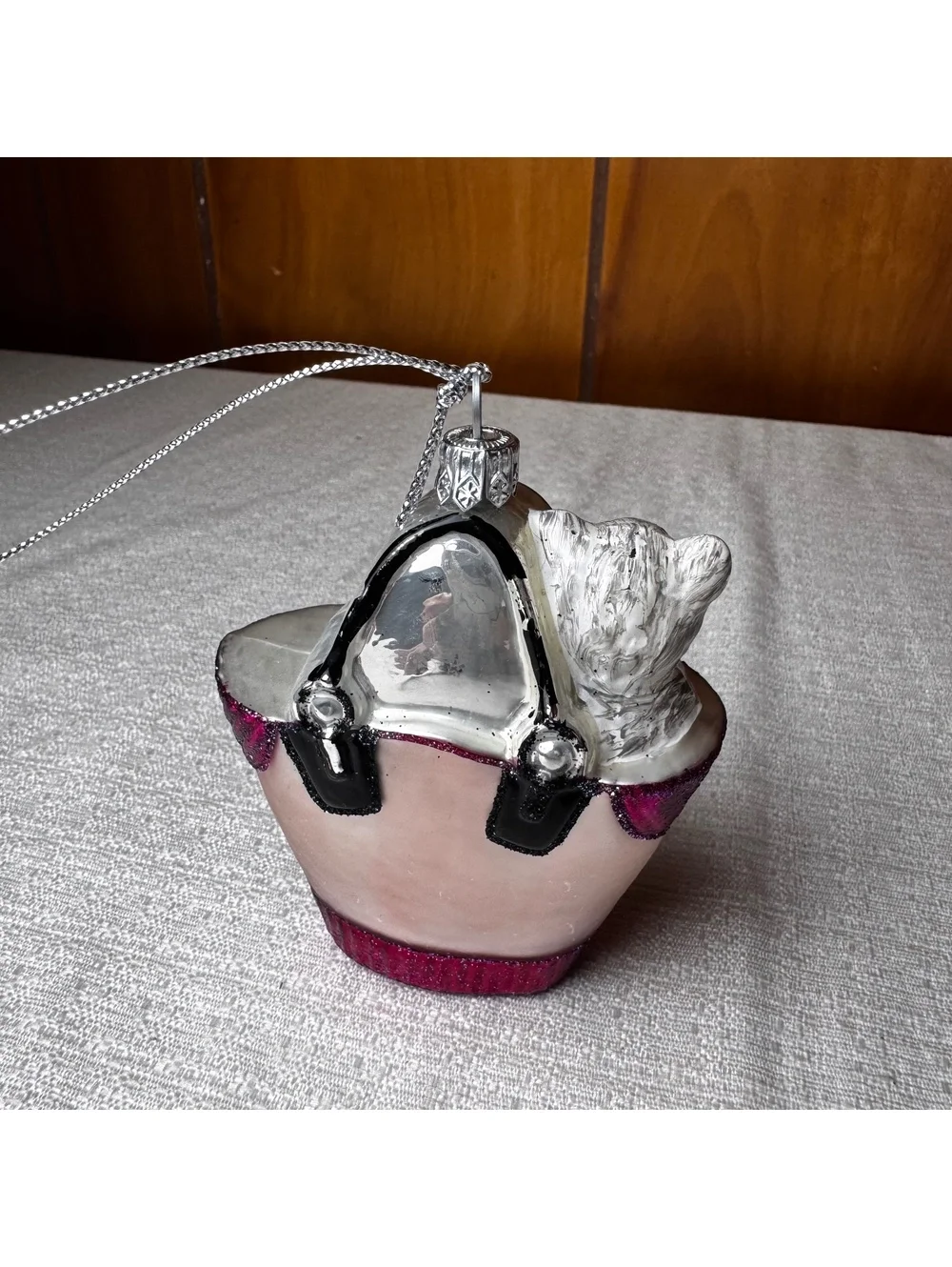 Dog in Purse Christmas Ornament Pink Glitter Handbag Holiday Tree Decor